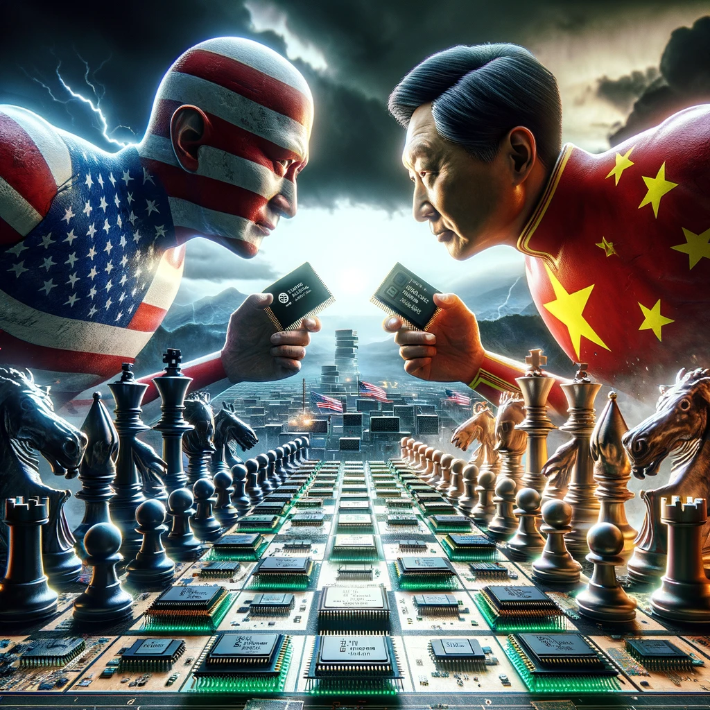Metáfora da rivalidade entre os Estados Unidos e a China na supremacia tecnológica de chips semicondutores