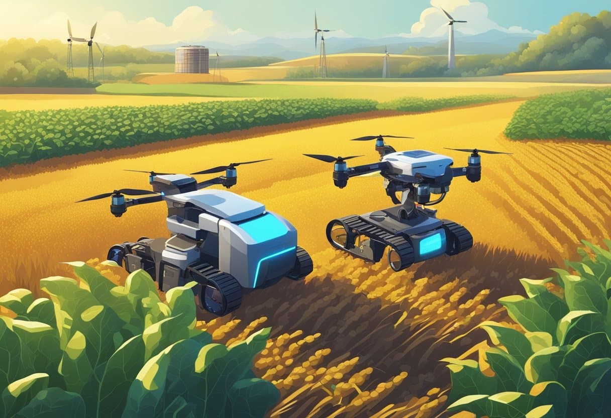 Braços robóticos plantam e colhem em um campo iluminado pelo sol. Drones examinam a terra, enquanto sensores coletam dados para análise de IA. Um ótimo exemplo de Inteligência Artificial na Agricultura