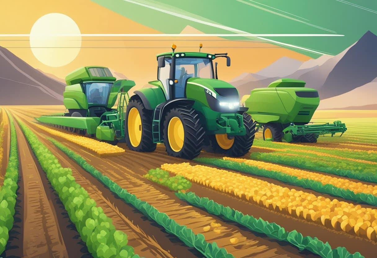 An agricultural field with futuristic AI-powered machinery planting and harvesting crops efficiently