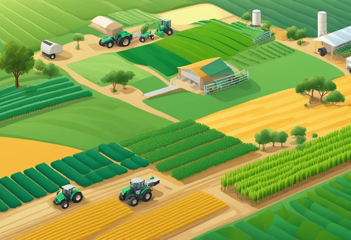 Agricultural landscape with AI-powered machinery, sensors, and drones optimizing crop production and minimizing environmental impact