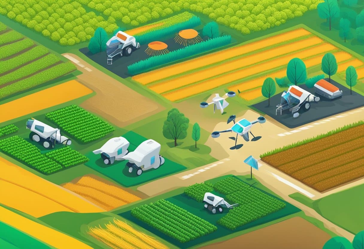 Um campo agrícola com colheitas monitorizadas por tecnologia de IA. Drones e sensores coletam dados enquanto algoritmos de IA analisam e tomam decisões para práticas agrícolas ideais