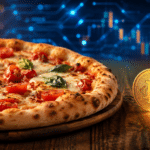 Bitcoin Pizza Day: duas pizzas e uma moeda de Bitcoin representando a compra histórica de 10.000 BTC