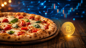 Bitcoin Pizza Day: a pizza de 10.000 BTC que provou que o Bitcoin podia ser dinheiro de verdade 1 Bitcoin Pizza Day: duas pizzas e uma moeda de Bitcoin representando a compra histórica de 10.000 BTC